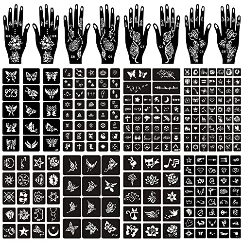 BULEFSEA 16 Sheets Henna Tattoo Stencils Kit Reusable for Women Girls and Kids150 PCS Temporary Indian Arabian Glitter Airbrush Tattoo Stencils for Face Body Paint DIY - Image 1