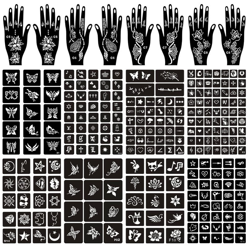BULEFSEA 16 Sheets Henna Tattoo Stencils Kit Reusable for Women Girls and Kids150 PCS Temporary Indian Arabian Glitter Airbrush Tattoo Stencils for Face Body Paint DIY - Image 3