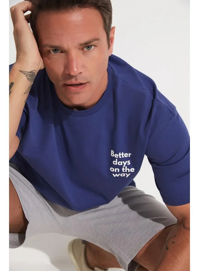 JUNE June Men Oversize 100% Cotton Slogan Printed Tshirt Indigo