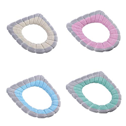 Renashed 4 Pcs Soft Toilet Seat Cover Pad O Type Warmer Stretchable Thicker Washable Cloth Double Color - Image 1