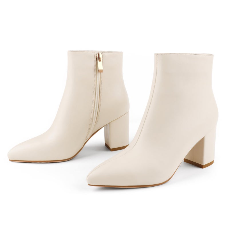 JOY IN LOVE Women's Ankle Boots Chunky Block Heel Pointed Toe Zipper Booties Off-white Velvet US 8.5 - Image 1