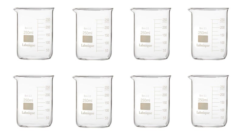 Labnique Borosilicate 3.3 Glass Griffin Beaker, Low Form with Printed Graduation (250ml, Pack of 8) - Image 1