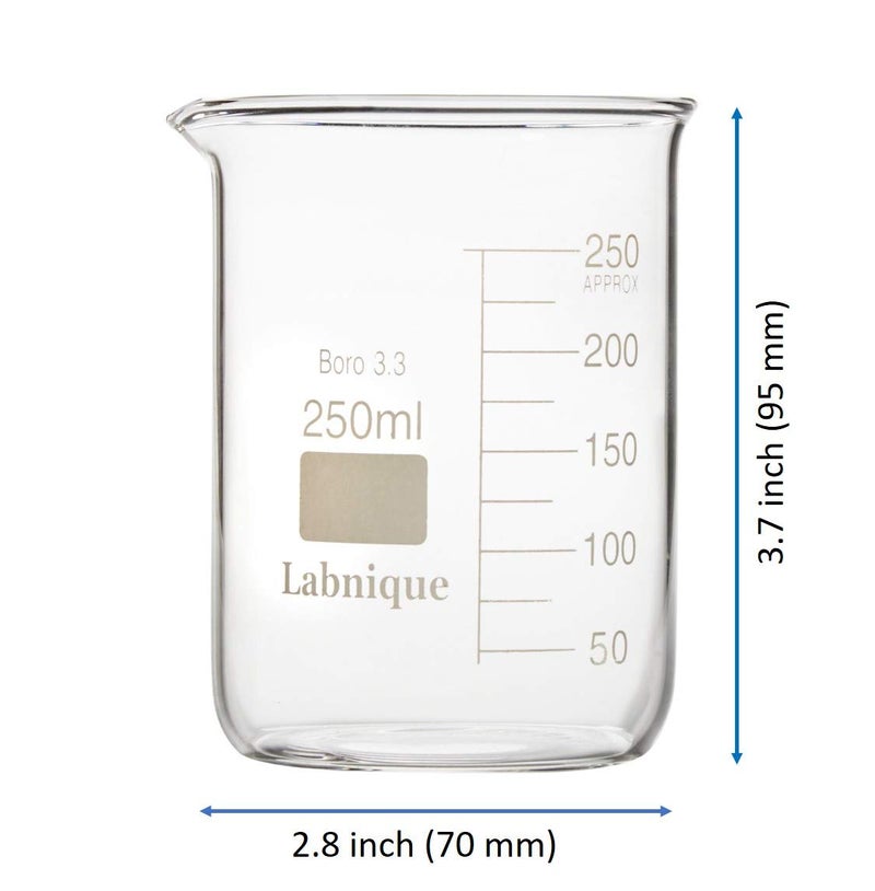 Labnique Borosilicate 3.3 Glass Griffin Beaker, Low Form with Printed Graduation (250ml, Pack of 8) - Image 2
