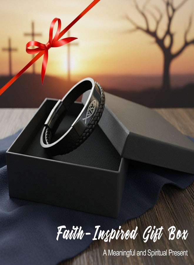 OGNWFUNK Christian Bracelet for Men, God-Inspired Leather and Stainless Steel Jesus Fish Bracelet, Christian Gifts for Men, Husband, Dad, Perfect for Valentine's Day, Birthday or Father’s Day, 8.6 in - Image 5