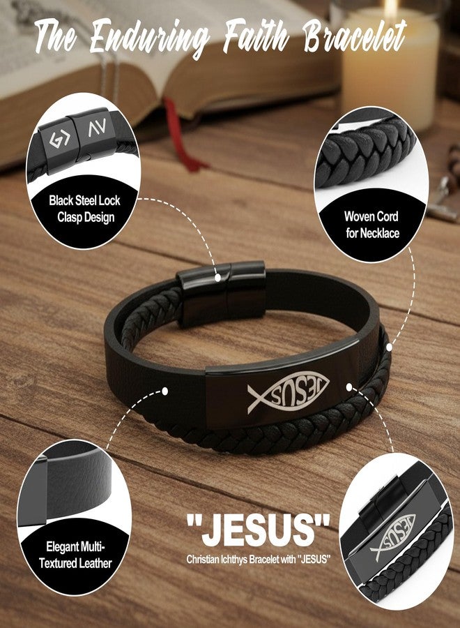 OGNWFUNK Christian Bracelet for Men, God-Inspired Leather and Stainless Steel Jesus Fish Bracelet, Christian Gifts for Men, Husband, Dad, Perfect for Valentine's Day, Birthday or Father’s Day, 8.6 in - Image 3