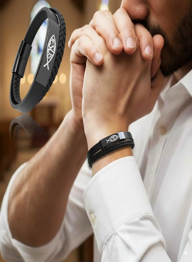 OGNWFUNK Christian Bracelet for Men, God-Inspired Leather and Stainless Steel Jesus Fish Bracelet, Christian Gifts for Men, Husband, Dad, Perfect for Valentine's Day, Birthday or Father’s Day, 8.6 in - Image 2