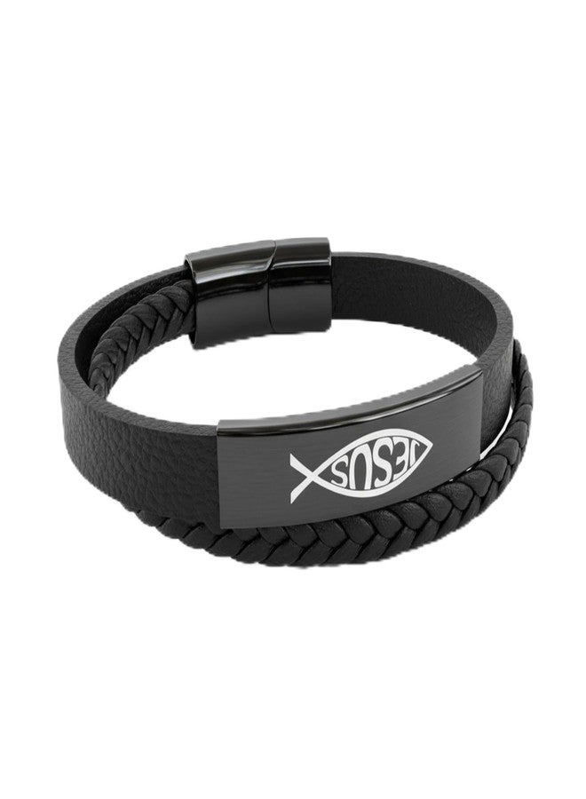 OGNWFUNK Christian Bracelet for Men, God-Inspired Leather and Stainless Steel Jesus Fish Bracelet, Christian Gifts for Men, Husband, Dad, Perfect for Valentine's Day, Birthday or Father’s Day, 8.6 in - Image 1