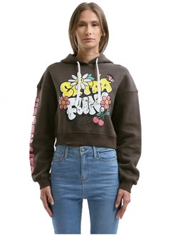 Printed "Extra Fun" Slip On Dark Brown Short Hoodie