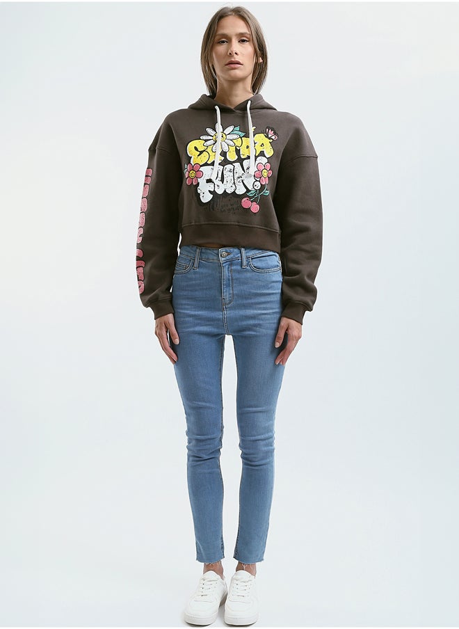 RAVIN - Printed "Extra Fun" Slip On Dark Brown Short Hoodie - Image 1