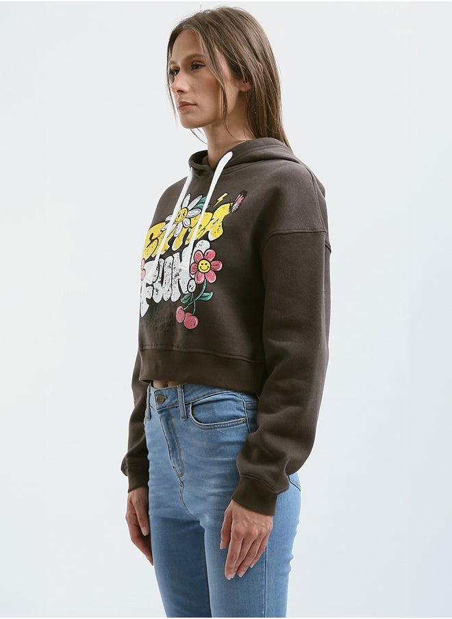 RAVIN - Printed "Extra Fun" Slip On Dark Brown Short Hoodie - Image 1