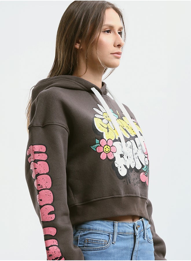 RAVIN - Printed "Extra Fun" Slip On Dark Brown Short Hoodie - Image 1