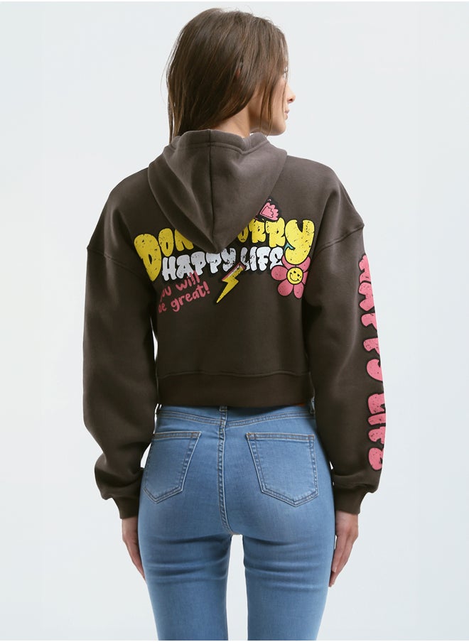 RAVIN - Printed "Extra Fun" Slip On Dark Brown Short Hoodie - Image 1