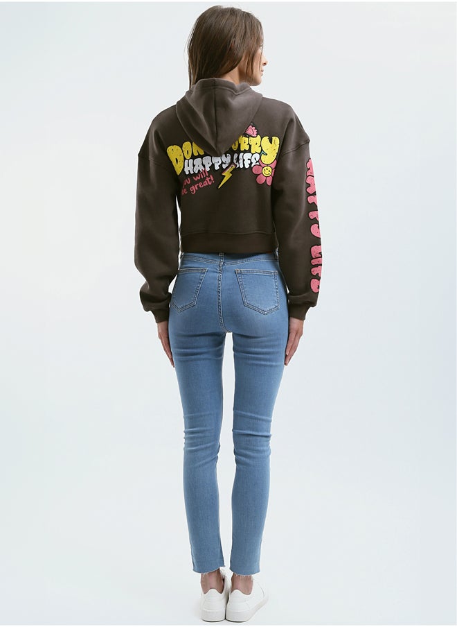 RAVIN - Printed "Extra Fun" Slip On Dark Brown Short Hoodie - Image 1