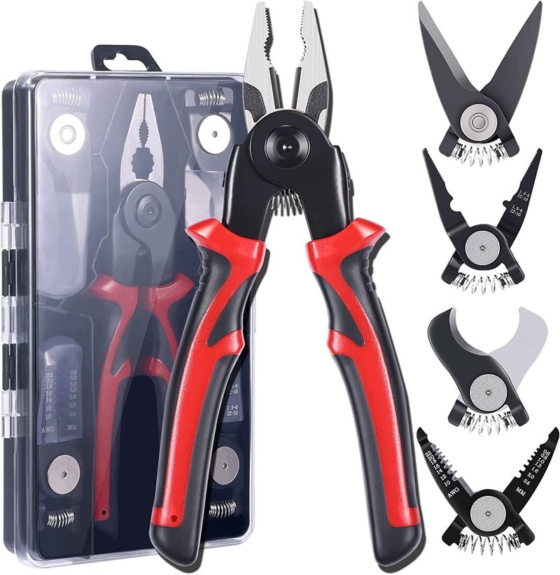 OffyBird 5in1 Interchangeable Pliers Set Electricians Combination Tool with Wire Stripping Crimping Cutting Metal Shearing HeavyDuty Hand Tool Kit for Electrical Auto Repair Home Use - Image 1