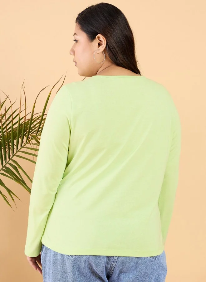 CURVY STREET Green V-Neck Cotton T-Shirt for Women