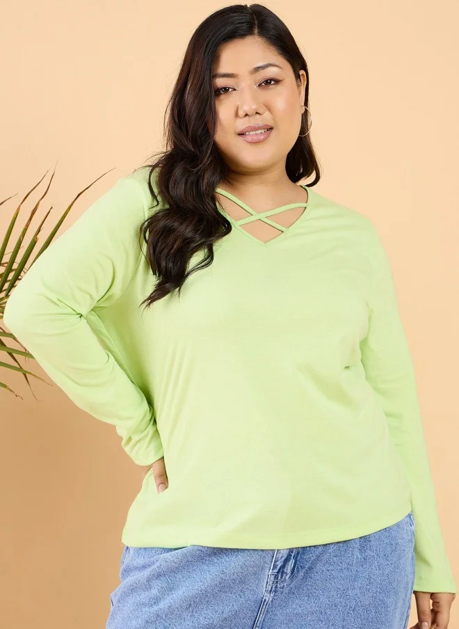 CURVY STREET Green V-Neck Cotton T-Shirt for Women