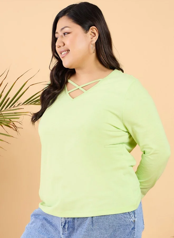 CURVY STREET Green V-Neck Cotton T-Shirt for Women