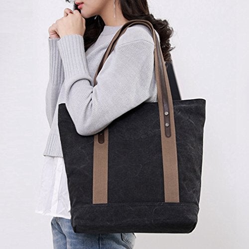 Sunshinejing Canvas Tote Bag for Women Casual Top Handle Work Totes Purse Shopping Handbags Shoulder Bag (Black) - Image 2
