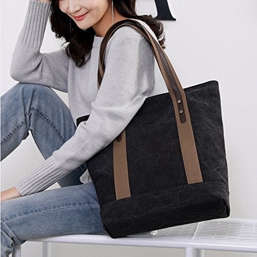 Sunshinejing Canvas Tote Bag for Women Casual Top Handle Work Totes Purse Shopping Handbags Shoulder Bag (Black) - Image 3
