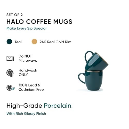 Shay Ceramic Coffee Mug Set, Set of 2, 300ml, Teal Gold | Medium Mug | Glossy Finish | Porcelain Coffee Cup Set | Ceramic Cup (Teal Gold Milk Mug, Set of 2) - Image 4