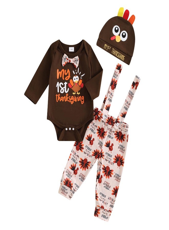 Frietlebird Newborn Thanksgiving Outfit Baby Boy Long Sleeve Turkey Romper Suspender Pants Hat My First Thanksgiving Outfit (B-Brown,0-3 Months) - Image 1