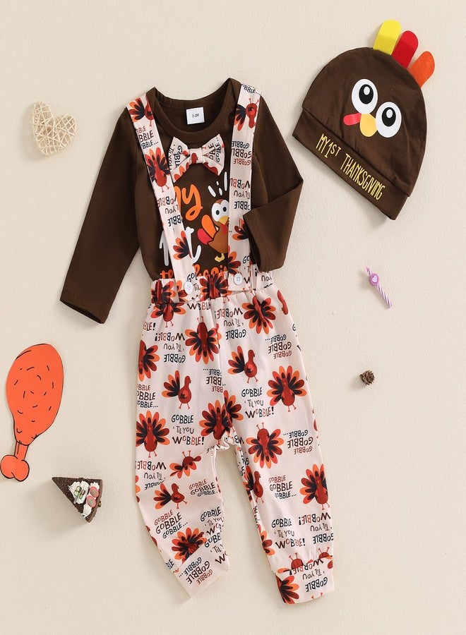 Frietlebird Newborn Thanksgiving Outfit Baby Boy Long Sleeve Turkey Romper Suspender Pants Hat My First Thanksgiving Outfit (B-Brown,0-3 Months) - Image 2