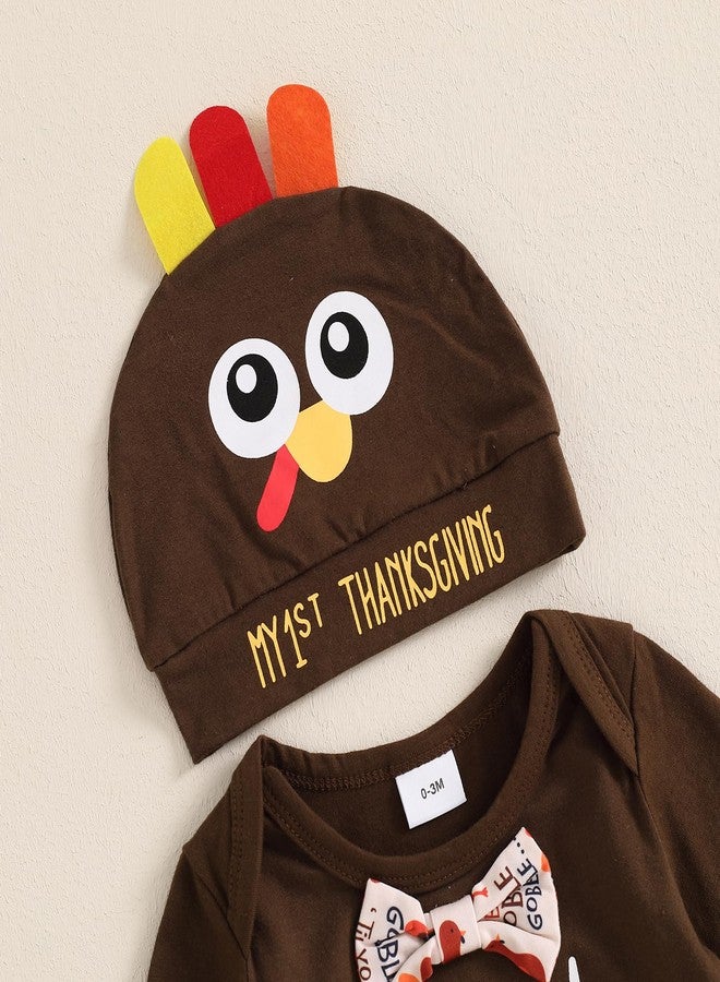 Frietlebird Newborn Thanksgiving Outfit Baby Boy Long Sleeve Turkey Romper Suspender Pants Hat My First Thanksgiving Outfit (B-Brown,0-3 Months) - Image 3