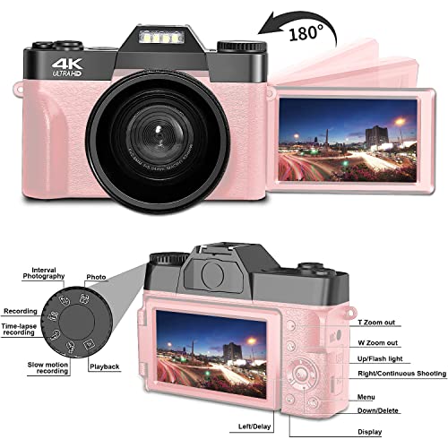 Acuvar 4K 56MP Digital Camera for Photography, Vlogging Camera for YouTube, 3’’ 180° Flip Screen, WiFi, 16X Zoom, 64GB Micro SD Card, Card Holder & USB Reader (Pink) for Mom - Image 2