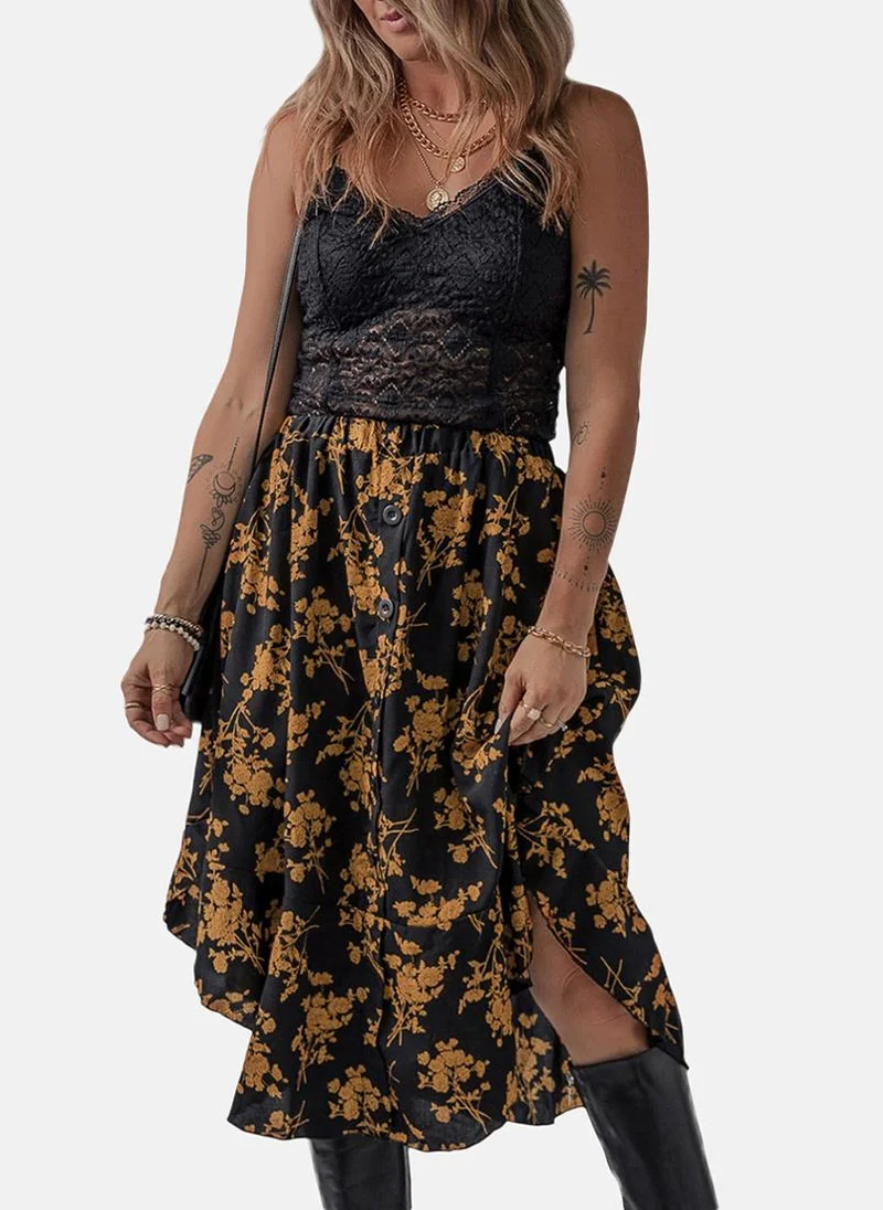 YUNIQEE Black Printed A-Line Midi Skirt