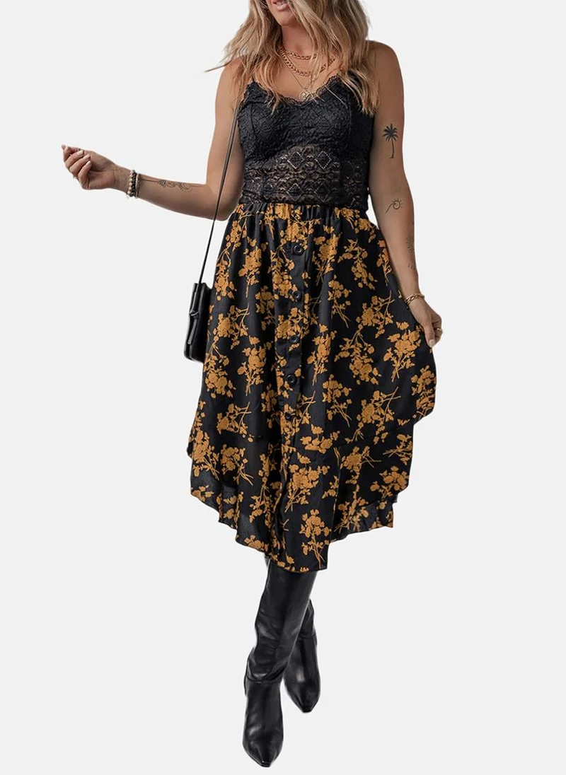 YUNIQEE Black Printed A-Line Midi Skirt
