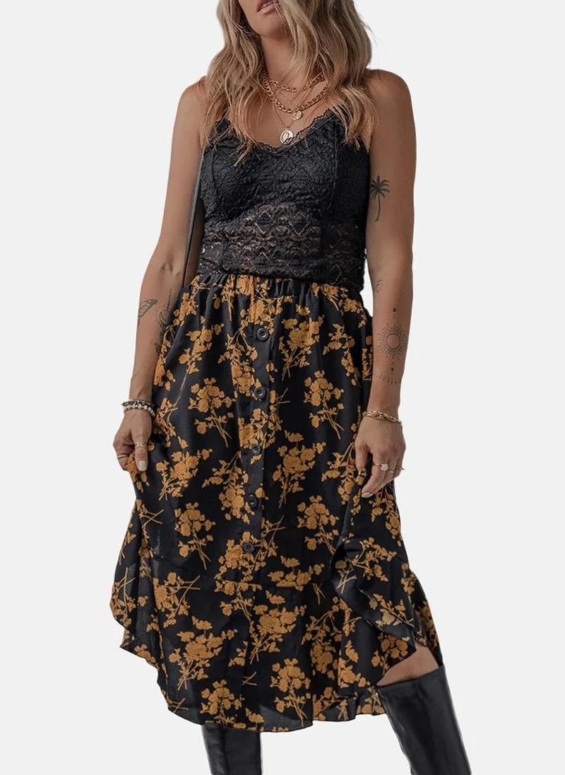 YUNIQEE Black Printed A-Line Midi Skirt