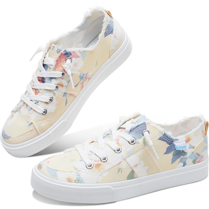 Obtaom Womens Floral Play Canvas Sneakers Cute Tie Dye Slip on Shoes Comfortable Multi Floral Print Canvas Sneakers for Fashion Lady(Yellow/Blue,US9) - Image 1