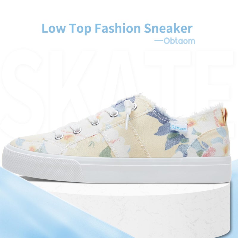 Obtaom Womens Floral Play Canvas Sneakers Cute Tie Dye Slip on Shoes Comfortable Multi Floral Print Canvas Sneakers for Fashion Lady(Yellow/Blue,US9) - Image 3
