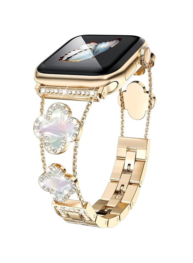 Four-leaf Clover Sparkle Metal Diamond Starlight Band for Apple Watch, Compatible with Apple Watch Series 11 46mm/Series 10 46mm, Jewelry Replacement Band for Women (Gold) - Image 1