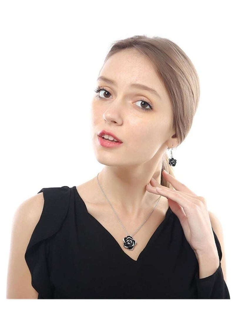 إسكدنيا طقم مجوهرات زهرة الكاميليا السوداء، قلادة قلادة زهرة الكريستال وأقراط بخطاف للنساء - Image 4