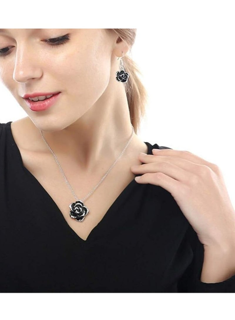 إسكدنيا طقم مجوهرات زهرة الكاميليا السوداء، قلادة قلادة زهرة الكريستال وأقراط بخطاف للنساء - Image 3