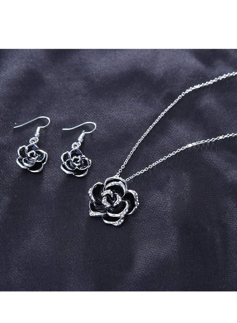 إسكدنيا طقم مجوهرات زهرة الكاميليا السوداء، قلادة قلادة زهرة الكريستال وأقراط بخطاف للنساء - Image 2