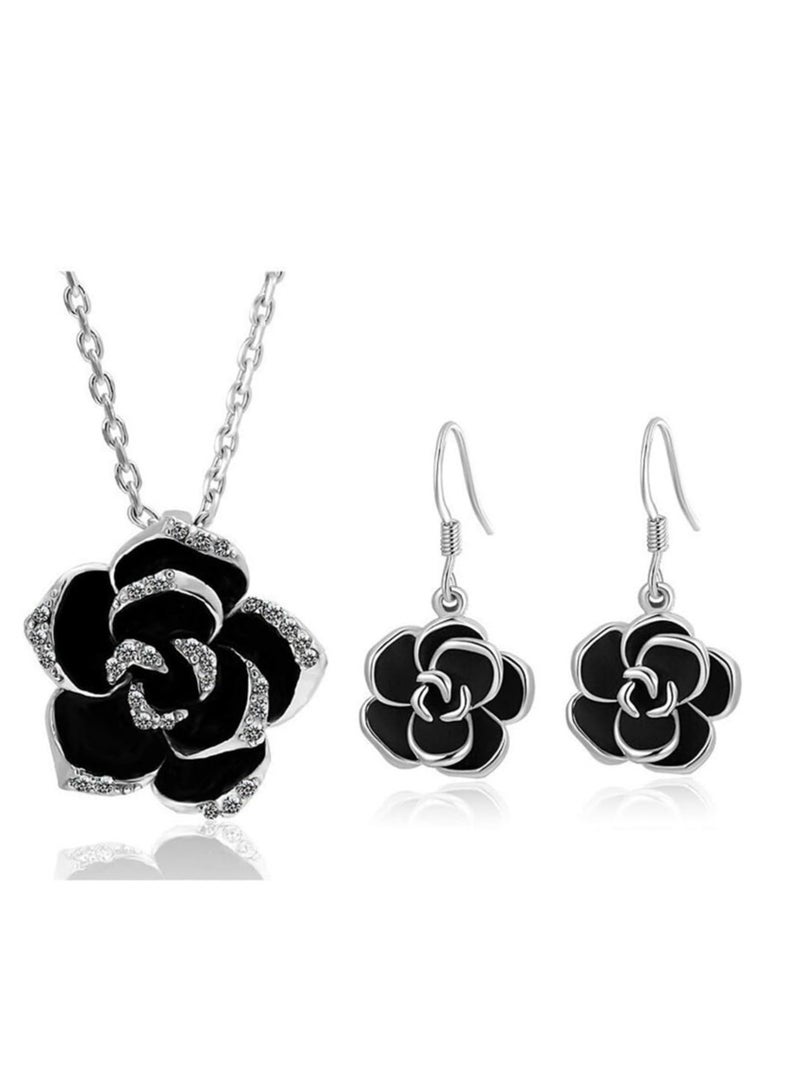 إسكدنيا طقم مجوهرات زهرة الكاميليا السوداء، قلادة قلادة زهرة الكريستال وأقراط بخطاف للنساء - Image 1