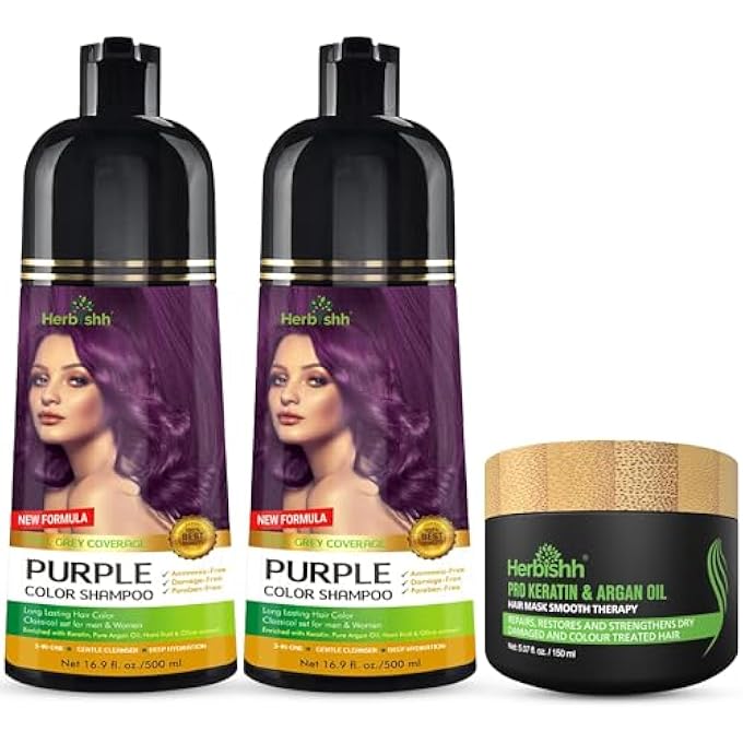 Herbishh COMBO PACK-2PCS HAIR COLOR SHAMPOO + 1PC ARGAN INTENSE HAIR MASK- DYE SHAMPOO  COLORS IN MINUTES  LONG-LASTING COLOR 500 ML (PURPLE) - Image 1