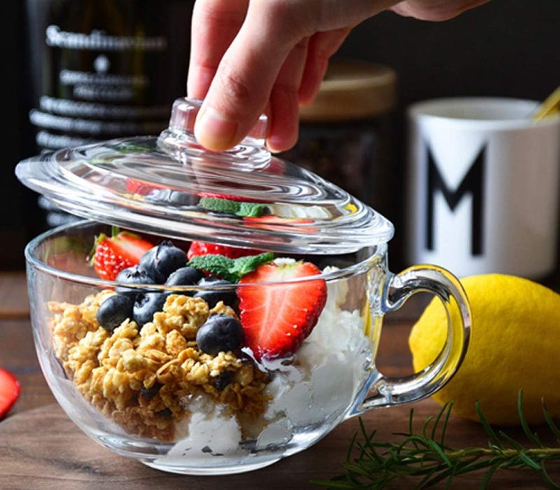 ITODA Cereal Soup Bowl and Glass Mugs with Lid and Small Handle, 550ml Mixing Oatmeal Microwave Safe Kitchen Accessories Liquid Milk Cups for Breakfast Coffee Ice Cream Snacks Salad Yogurt - Image 3