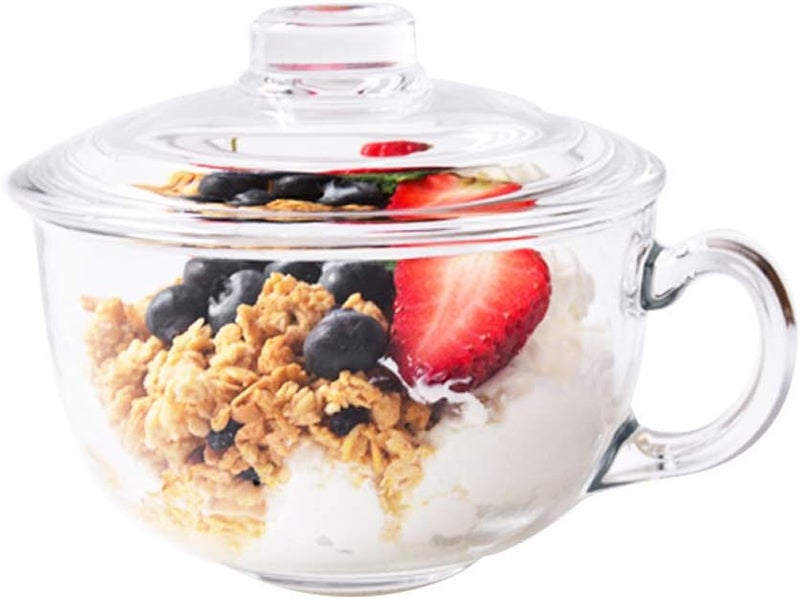ITODA Cereal Soup Bowl and Glass Mugs with Lid and Small Handle, 550ml Mixing Oatmeal Microwave Safe Kitchen Accessories Liquid Milk Cups for Breakfast Coffee Ice Cream Snacks Salad Yogurt - Image 1