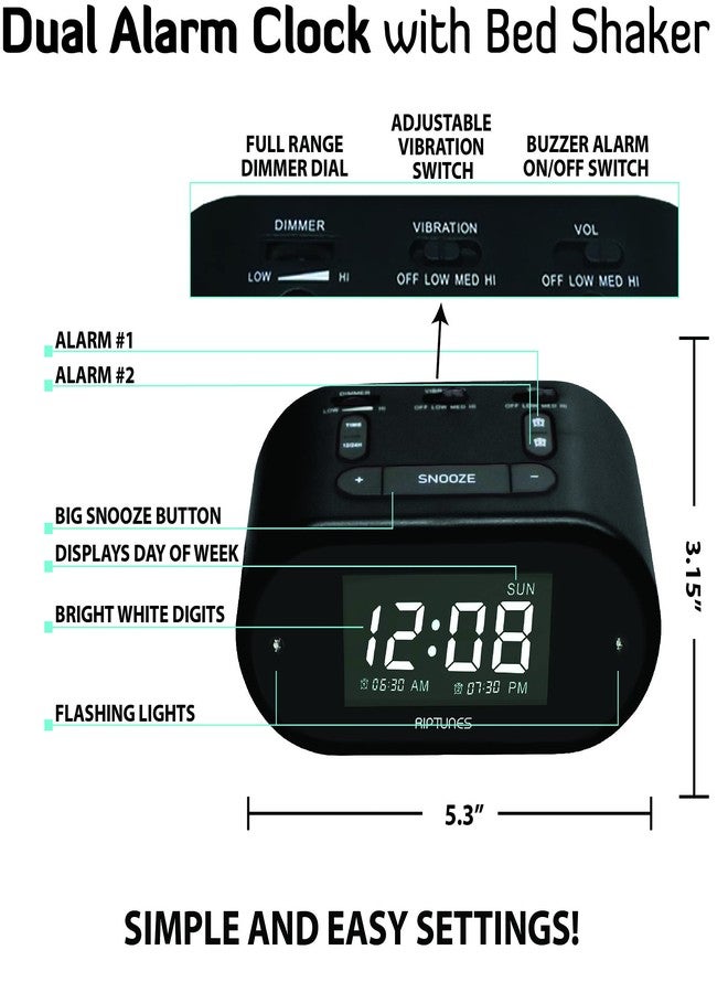 Riptunes Loud Alarm Clock with Bed Shaker for Heavy Sleepers & Hearing Impaired - Dual Alarm for Bedroom Weekday and Weekend Settings USB Charging, Dimmer, Snooze (Black) - Image 5