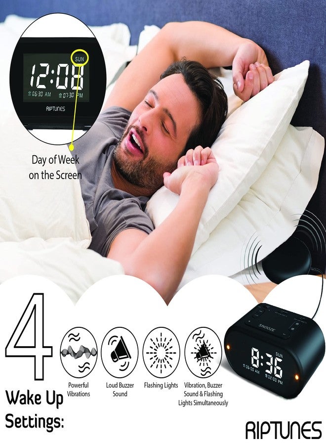 Riptunes Loud Alarm Clock with Bed Shaker for Heavy Sleepers & Hearing Impaired - Dual Alarm for Bedroom Weekday and Weekend Settings USB Charging, Dimmer, Snooze (Black) - Image 3