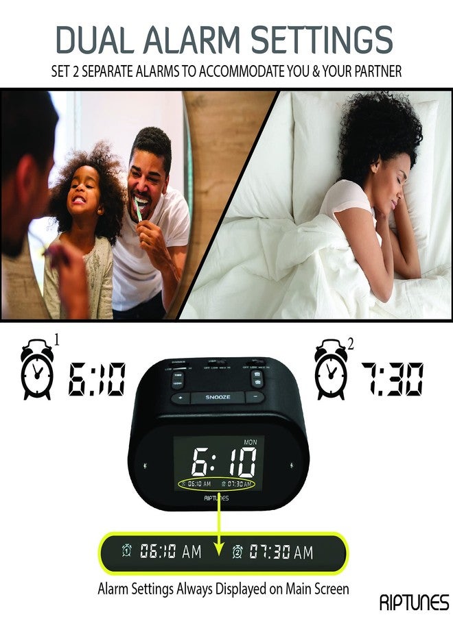 Riptunes Loud Alarm Clock with Bed Shaker for Heavy Sleepers & Hearing Impaired - Dual Alarm for Bedroom Weekday and Weekend Settings USB Charging, Dimmer, Snooze (Black) - Image 2