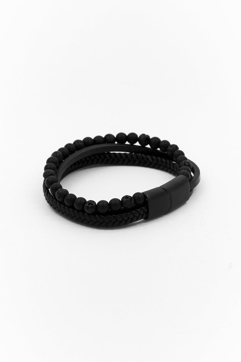 Steeltime Men Leather Beaded Bracelet With Stainless Steel Magnetic , Black - Image 2