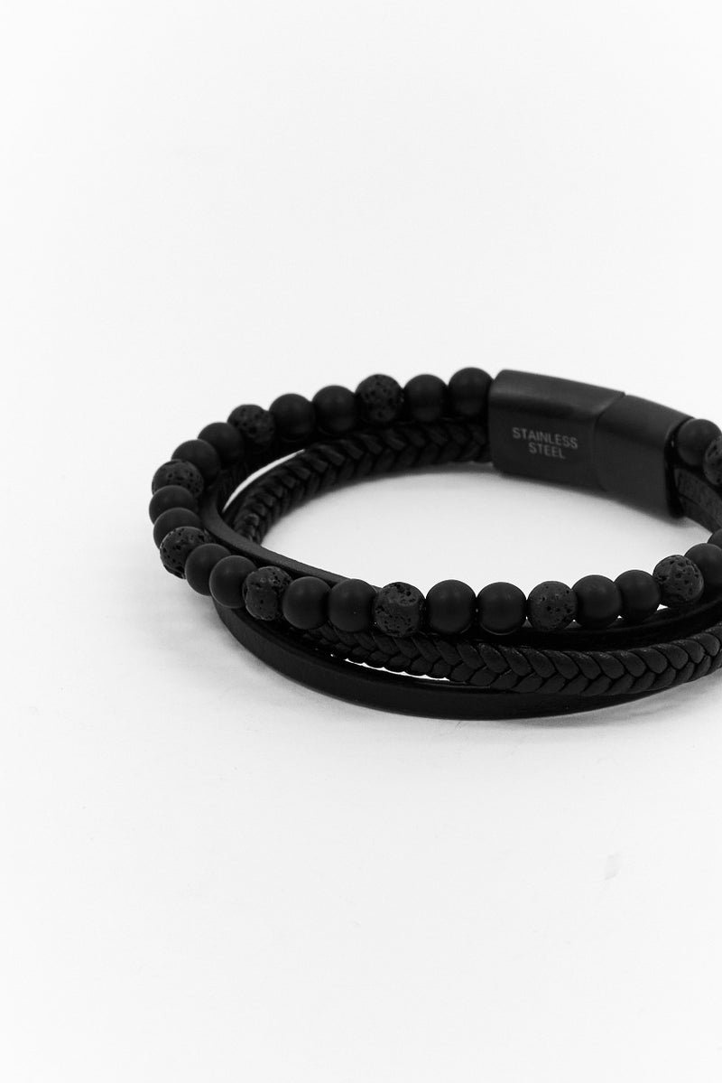 Steeltime Men Leather Beaded Bracelet With Stainless Steel Magnetic , Black - Image 3