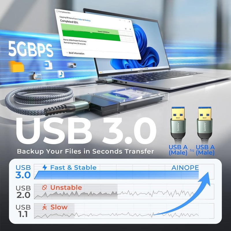 Ainope [3.3FT] USB A to USB A Cable, USB 3.0 to USB 3.0 Cable [Never Rupture] USB Male to Male Cable Double End USB Cord Compatible with Hard Drive Enclosures, DVD Player, Laptop Cool-Grey - Image 4