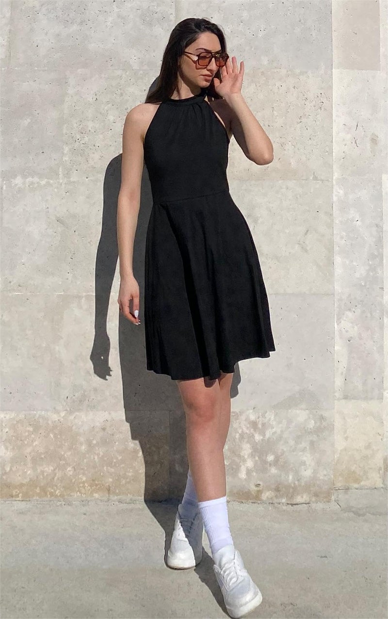 OUGES Women's 2026 Summer Black Halter Neck Sleeveless Tie Back Swing A-Line Sundress Cocktail Dress(Black,L) - Image 3