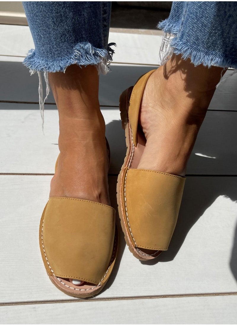 Bibibs & Co Menorca Nubuck Flat Sandals Sling Back Tan Beige  - Image 1