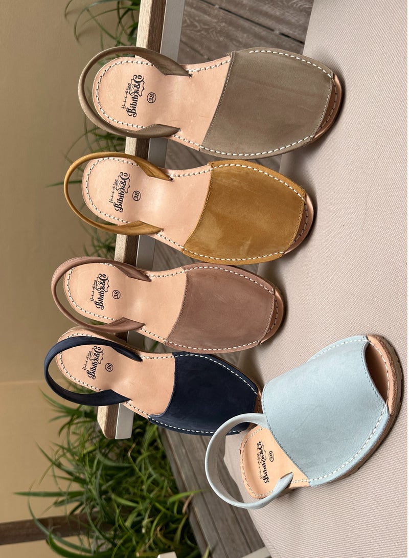 Menorca Nubuck Flat Sandals Sling Back Tan Beige